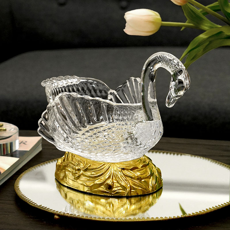 天鹅黄铜水晶玻璃水果盘 客厅茶几高端精致高颜值收纳盘轻奢家居
