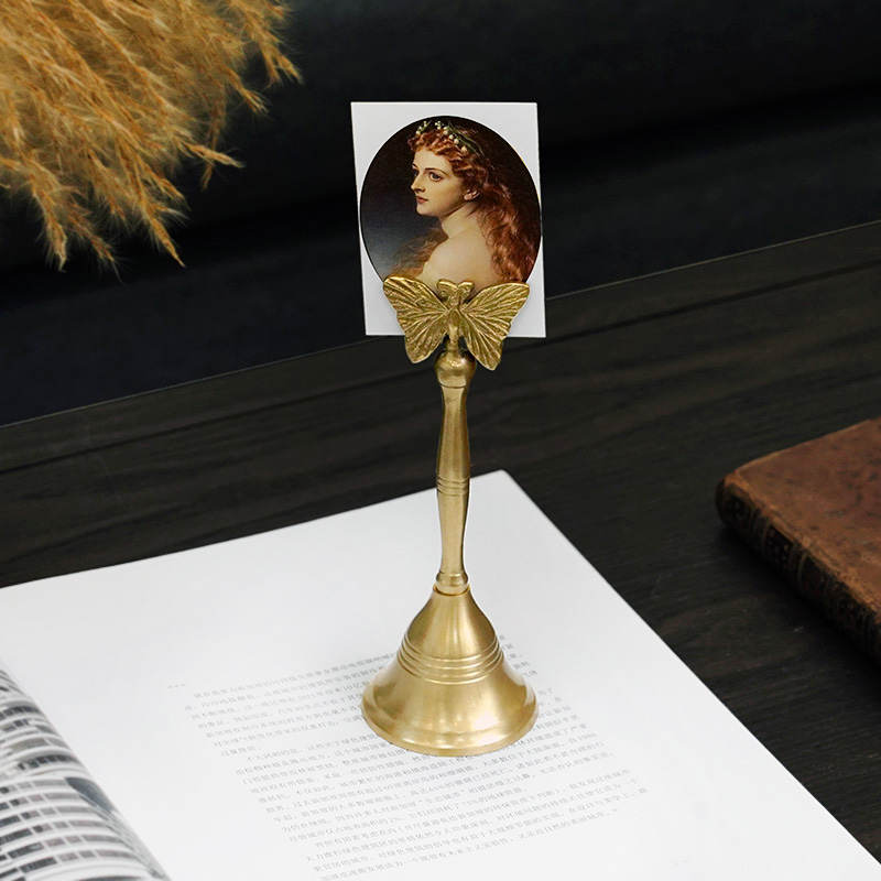 印度进口手工黄铜蝴蝶卡片夹手持摇铃开餐铃铛复古家居装饰摆件