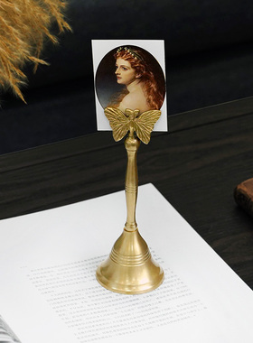 印度进口手工黄铜蝴蝶卡片夹手持摇铃开餐铃铛复古家居装饰摆件