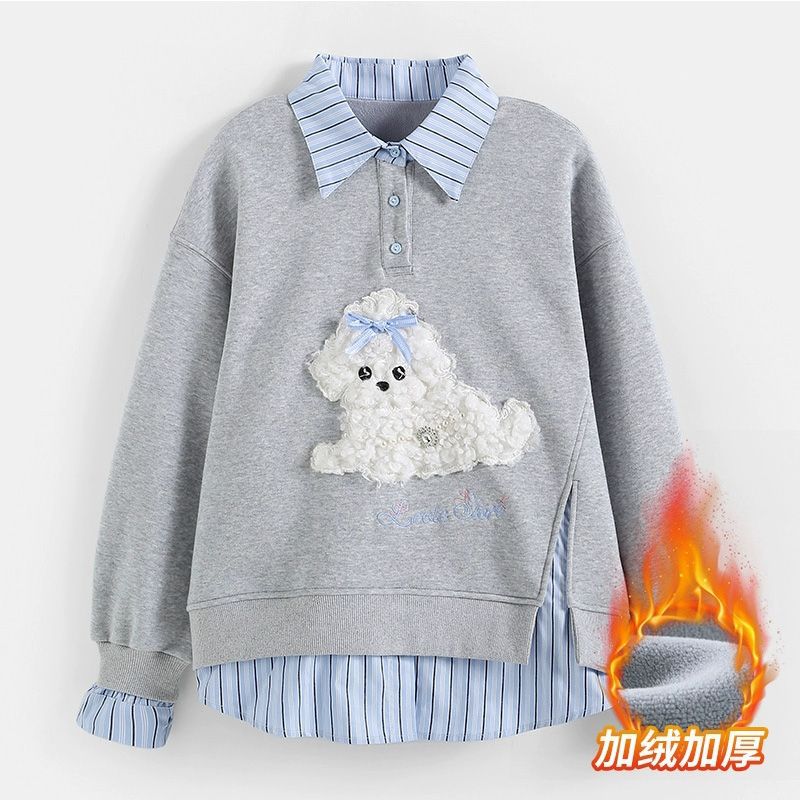 跨境时尚女装灰色假两件加绒卫衣女2025秋冬款加厚Polo领衬衫