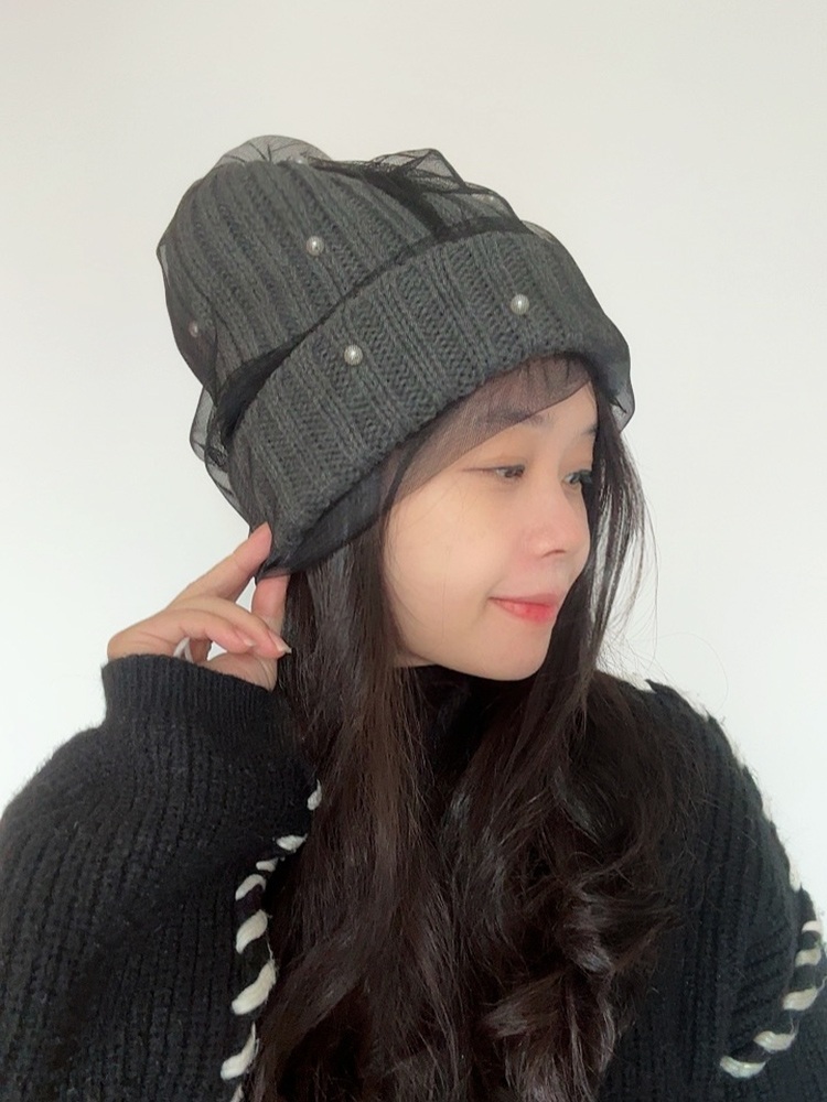 出口日本单 尾货ca4la秋冬新款珍珠网纱女羊毛线帽针织帽复古优雅