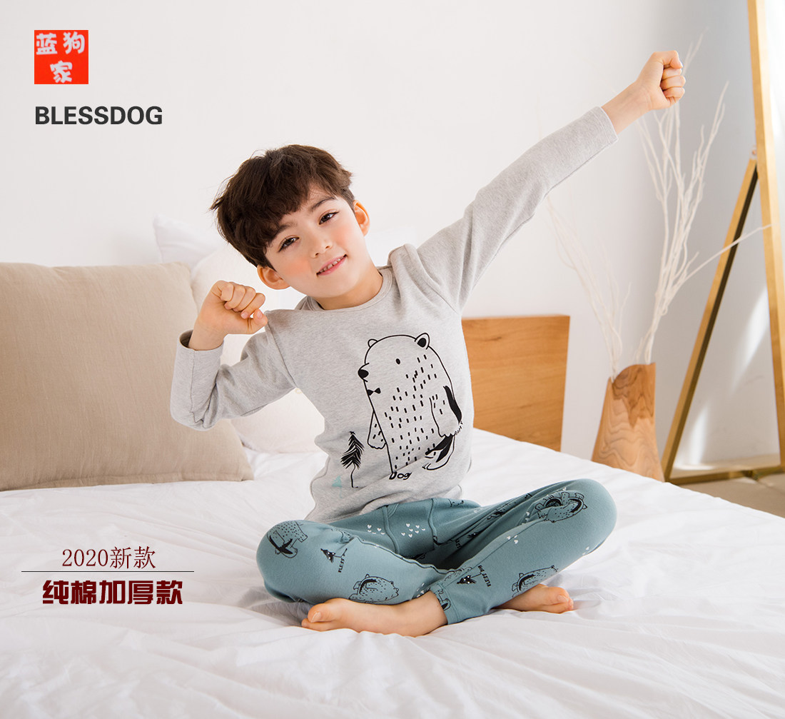 断码清BLESSDOG蓝狗家秋冬新款鹿绒纯棉加厚男童秋衣秋裤家居服