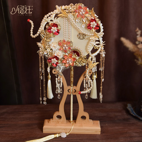 新娘团扇金色重手工成品秀禾喜扇