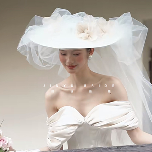 锦鈺新品仙气法式优雅平顶花朵大礼帽连长纱外景样片新娘礼帽配饰