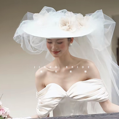 法式优雅平顶花朵新娘礼帽连长纱