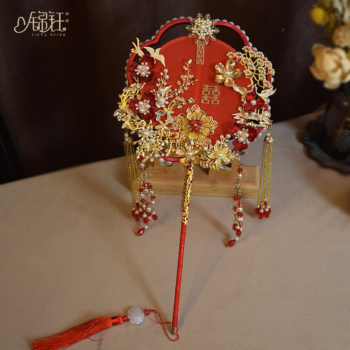 红色花朵流苏团扇婚礼喜扇