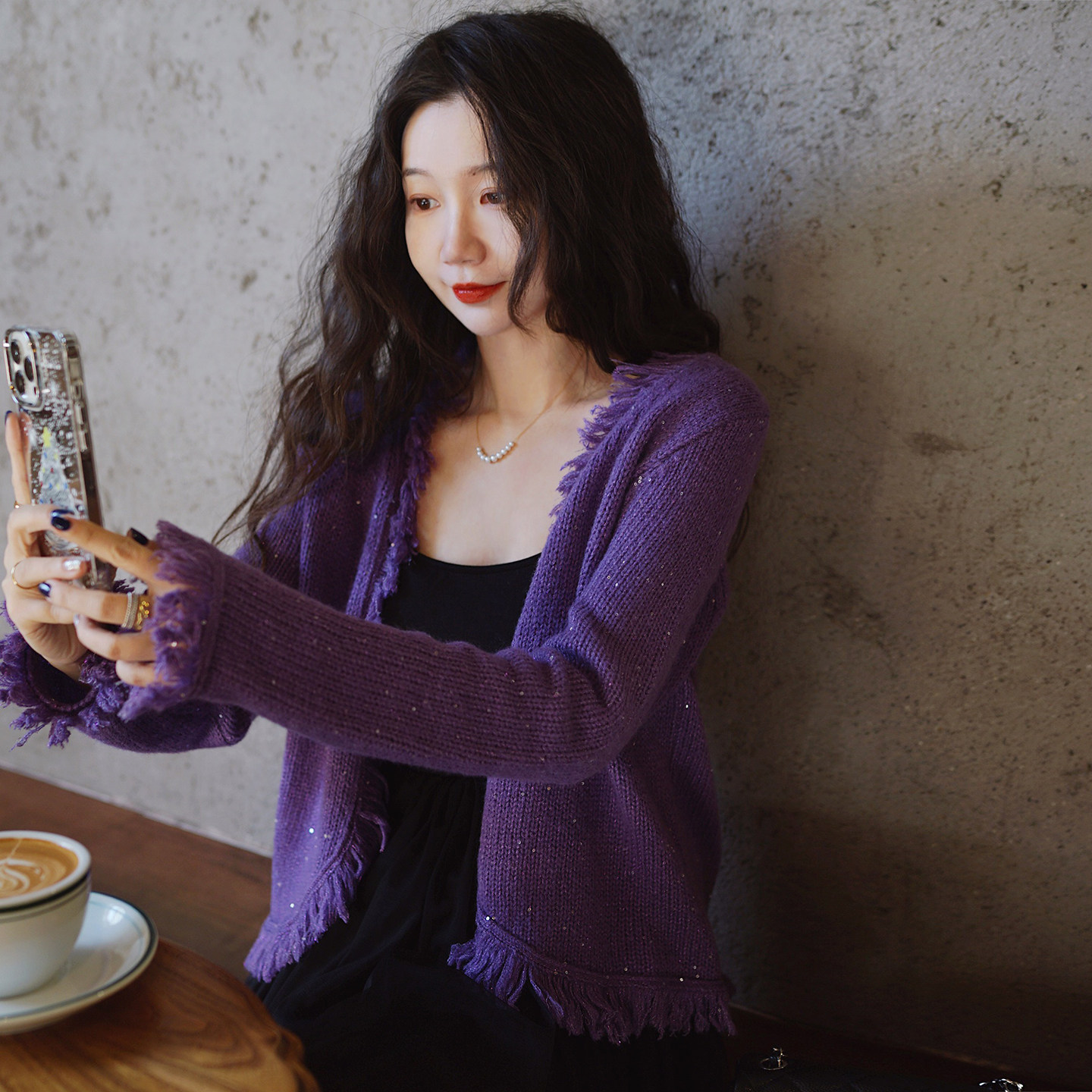 LadyBH深紫色亮轻熟通勤片流苏含羊毛针织外套华丽年会外套毛衣