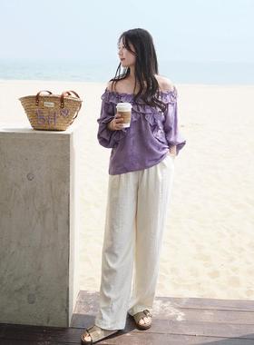 2024紫色烧花流苏荷叶边长袖灯笼袖两穿一字领宽松款雪纺上衣小衫
