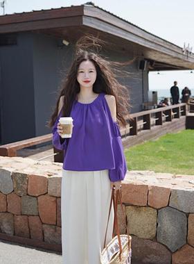 LadyBH紫色法式复古度假海岛露肩衬衫通勤女宽松长袖灯笼袖上衣