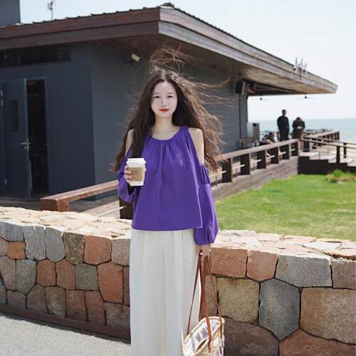 紫色度假法式复古露肩衬衫女小衫