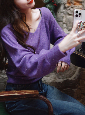 Ladybh紫色红色V领闪亮片毛衣女灯笼袖宽松显瘦节日针织上衣