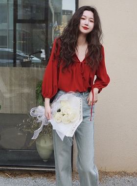 2026春正红色褶皱蝴蝶结天丝冰爽两面穿宽松轻熟洋气灯笼袖衬衣