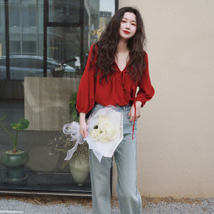 2026春正红色褶皱蝴蝶结天丝冰爽两面穿宽松轻熟洋气灯笼袖 衬衣