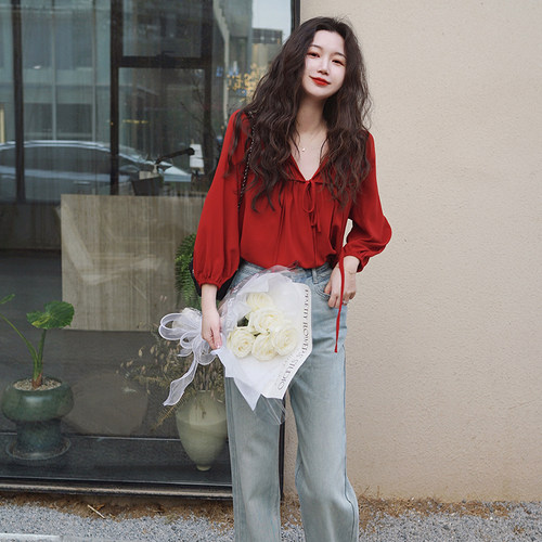 洋气轻熟七分袖天丝正红色衬衣女