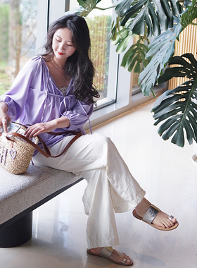 LadyBH丁香紫色法式度假海岛天丝衬衫通勤女宽松七分袖灯笼袖上衣