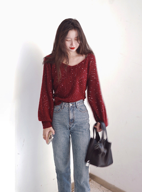 2025红色氛围感珠片纱亮片高级感宽松灯笼袖V领亲肤套头针织毛衣