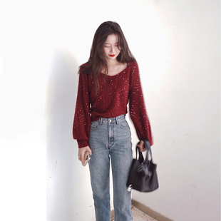 2025红色氛围感珠片纱亮片高级感宽松灯笼袖 V领亲肤套头针织毛衣