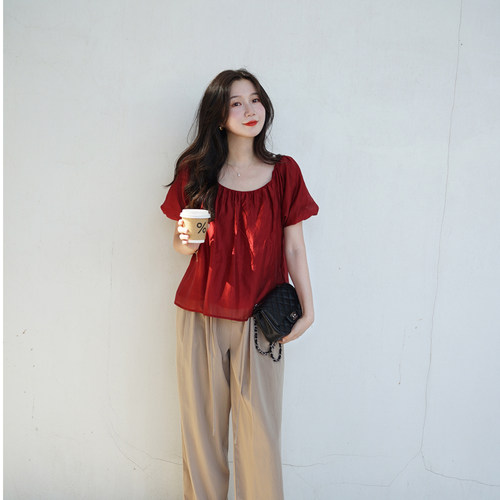 法式度假红泡泡袖显白天丝小衫