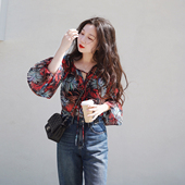 防晒小衫 热带印花V领抗皱宽松度假风灯笼袖 女Ladybh 薄款 2026夏季