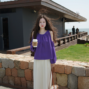 法式 长袖 雪纺衫 女显瘦百搭上衣女 度假风海岛紫色露肩天丝灯笼袖