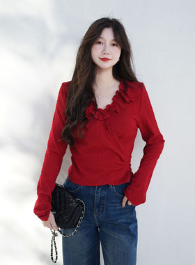 LadyBH2025红色秋冬V领法式设计感显瘦花边茶歇轻熟通勤上衣打底