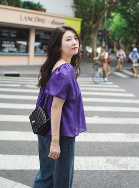 复古圆领系带泡泡袖短袖天丝衬衫女2025夏新款气质紫色通勤减龄上