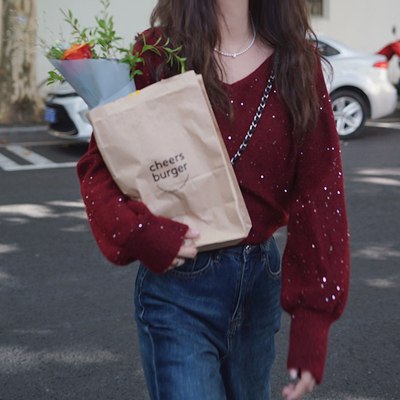 红色亮片v领亲肤毛衣松弛感