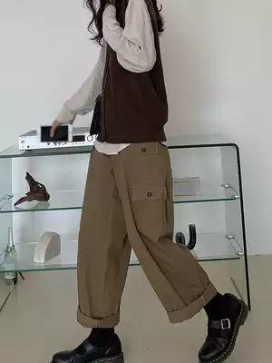 Wide leg overalls women's 2021 spring new retro high waist loose large pocket wild straight casual long pants