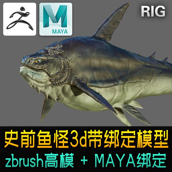 高精度深海鱼怪3D模型材质带maya绑定rig史前巨兽邓氏鲨鱼zb素材