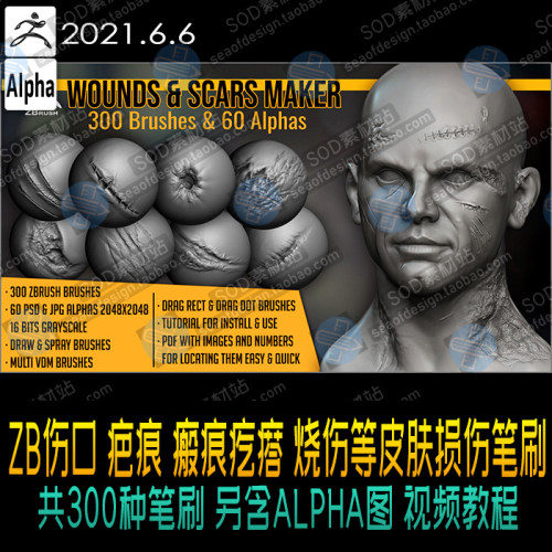 Zbrush伤口 疤痕 瘢痕疙瘩 烧伤和各种皮肤损伤等300个  ZB笔刷