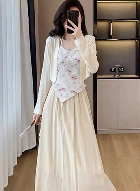 特价！ 夏季 复古国风优雅开衫外搭+碎花吊带+半身裙汉服三件套