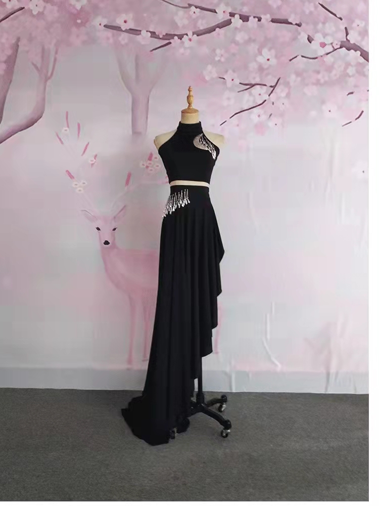 傣族舞蹈服装现代大摆裙黑色开叉花腰练功裙表演儿童女艺考演出服