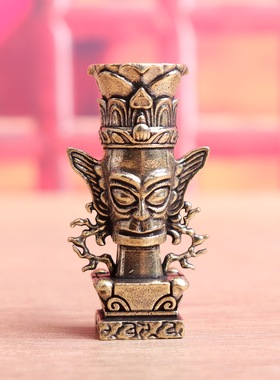 纯黄铜三星堆平顶人僵尸复古老物件居家装饰桌面茶宠工艺品铜摆件
