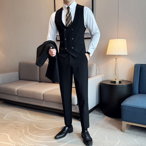 英伦绅士工装马甲套装男商务休闲双排扣马夹伴郎服兄弟服装印logo