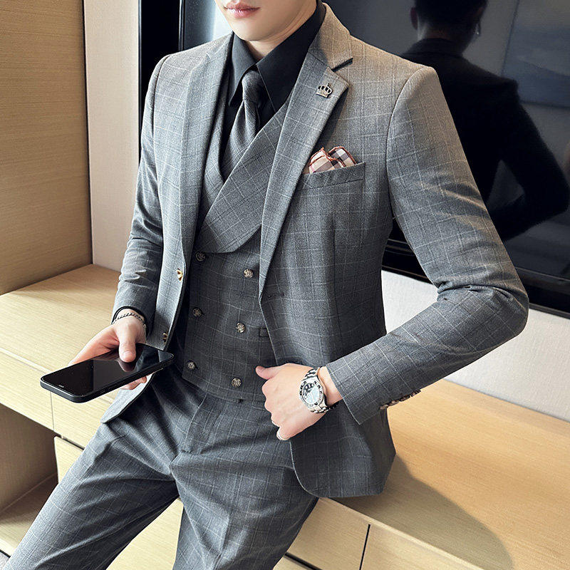高定格子男士西服套装商务休闲正装结婚新郎西装三件套修身礼服男