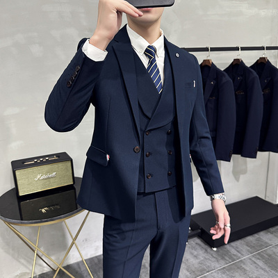 高端英伦商务修身西服马甲套装男痞帅青年通勤简约西装结婚礼物潮