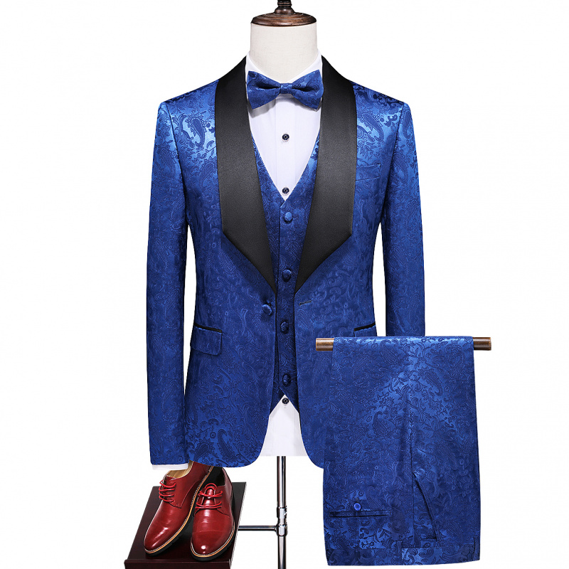 男士青果领暗花西服套装宴会主持人演出服西装新郎结婚大码晚礼服