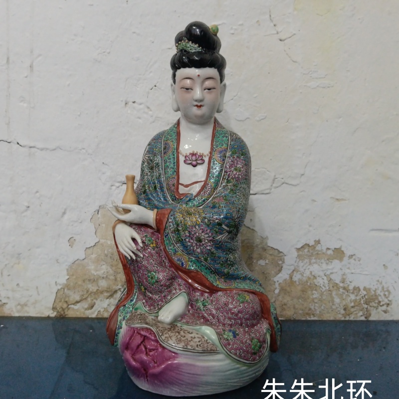仿古雕塑陶瓷观音佛像坐莲自在净瓶观音瓷像彩观世音菩萨坐像12寸