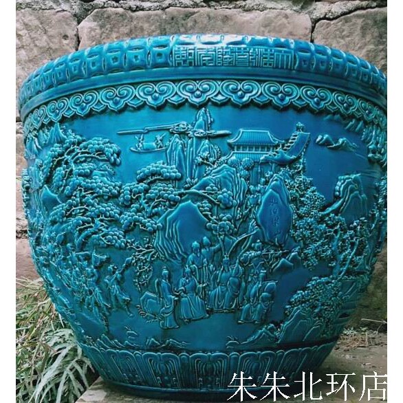仿古蓝色陶瓷器书画卷轴缸 雕刻108将人物碗莲荷花缸装饰风水鱼缸