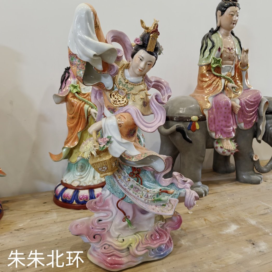 景德镇精品雕塑陶瓷人物装饰工艺品摆件天女仙女散花牡丹仙子神像