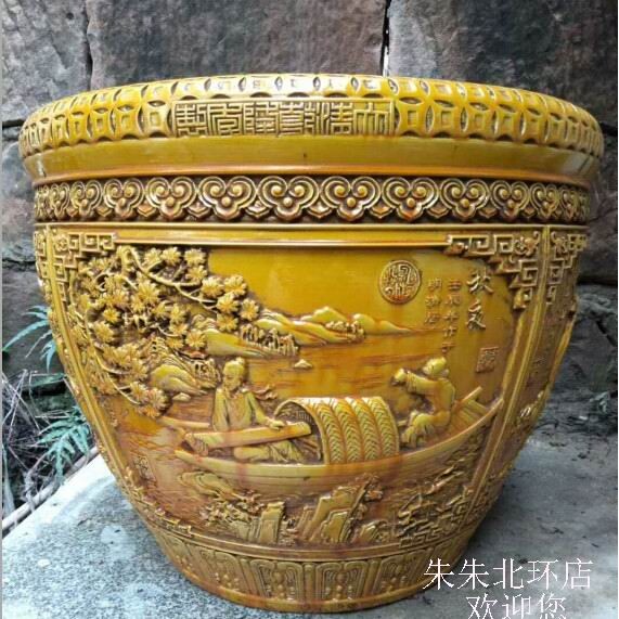 景德镇陶瓷鱼缸大仿古雕刻渔耕樵读瓷器伞字书画缸黄釉开片风水缸