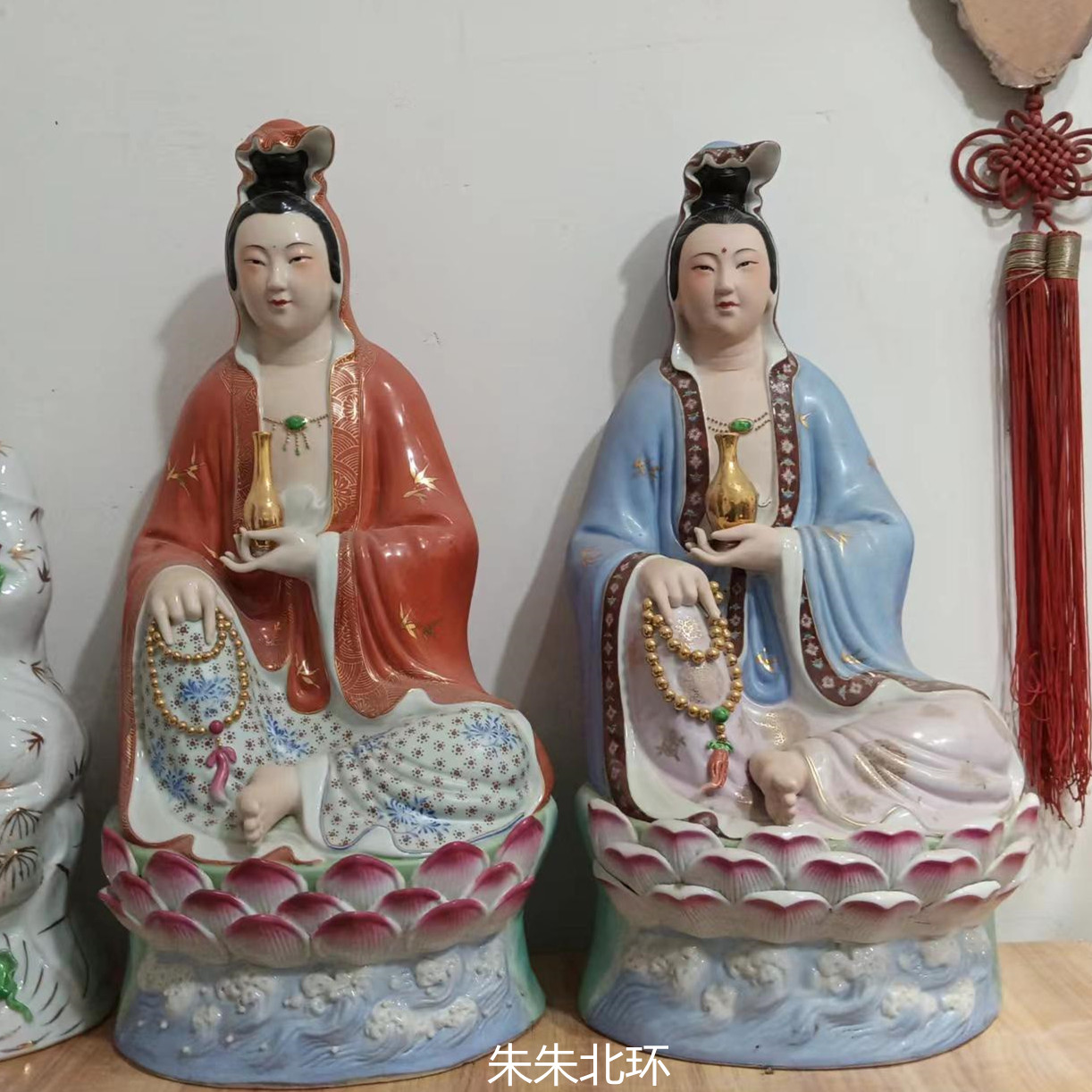 彩绘雕塑观音家用摆件南海自在净瓶坐莲观世音菩萨像客厅供奉神像