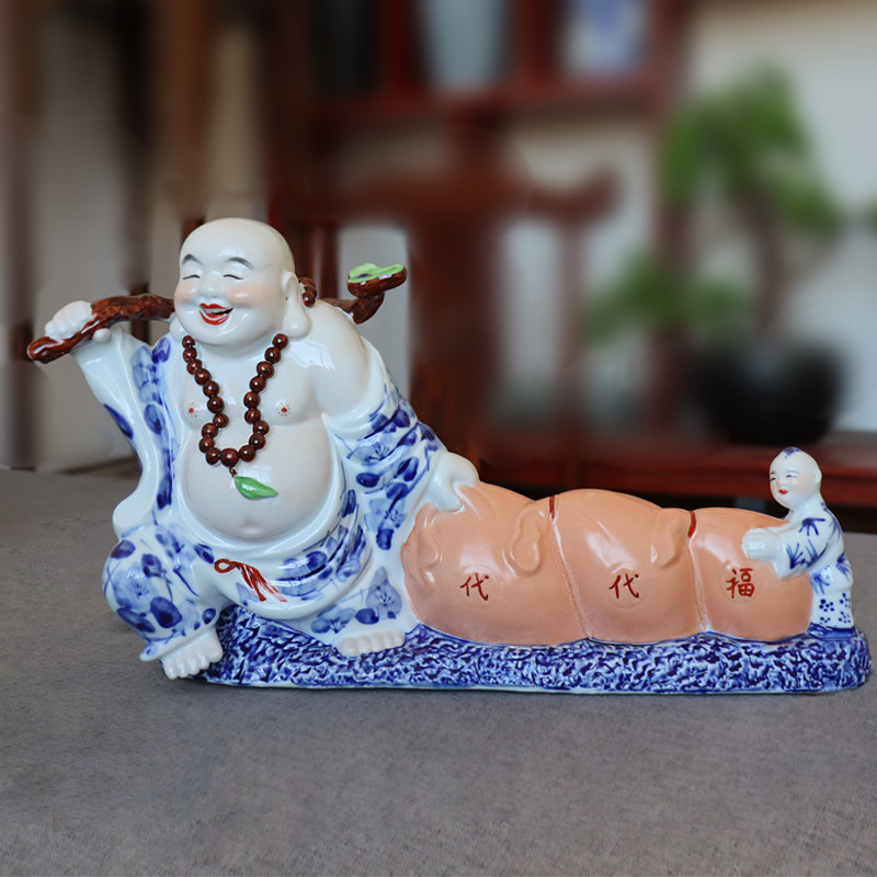 招财一路发弥勒佛像摆件陶瓷器工艺品娃娃玄关客厅家居装饰代代福
