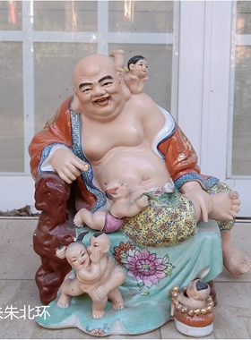 仿古雕塑陶瓷多仔佛五子弥勒佛菩萨像摆件坐招财大肚笑佛五子登科