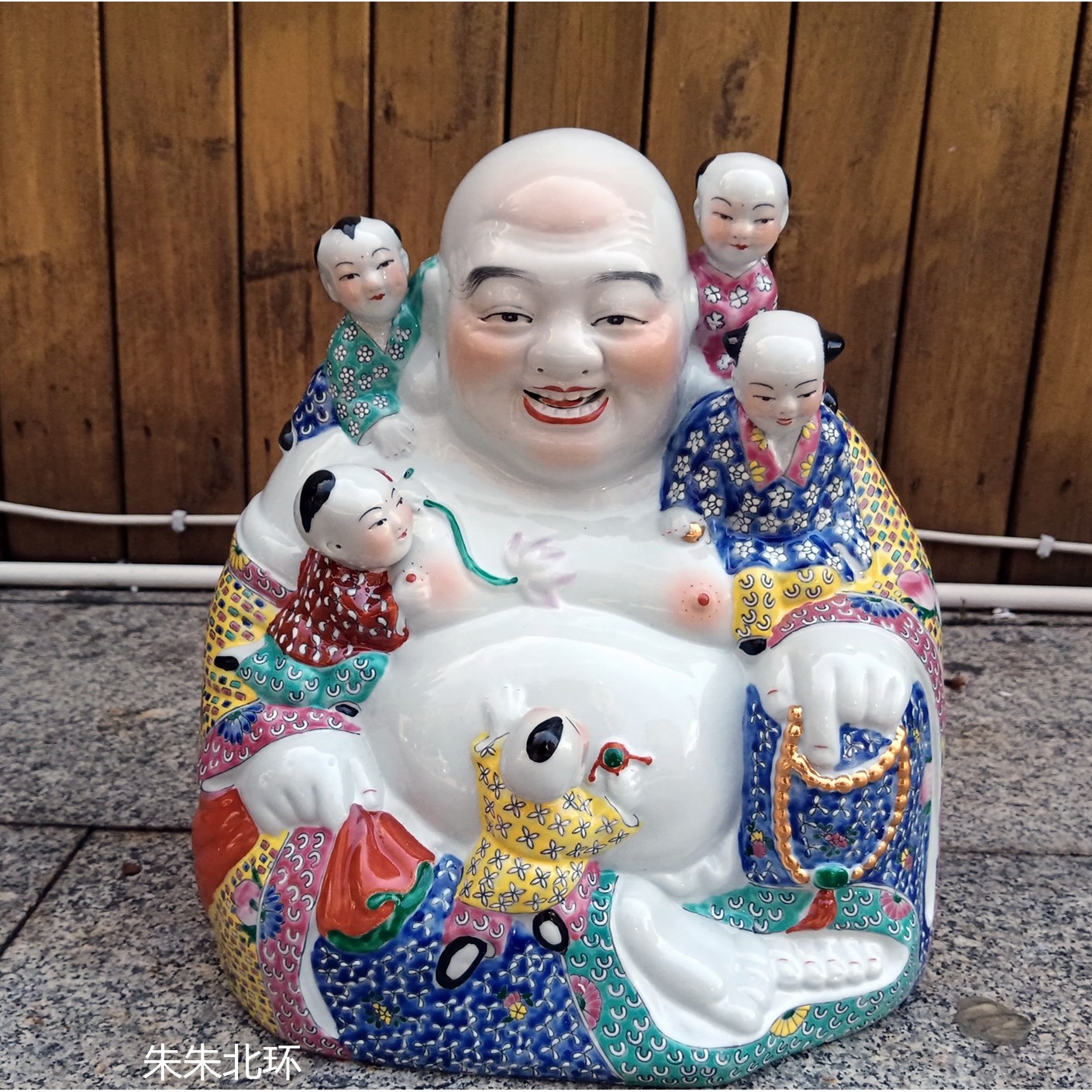 景德镇粉彩雕塑陶瓷弥勒佛五子佛器坐登科笑佛像摆件供奉30CM14寸