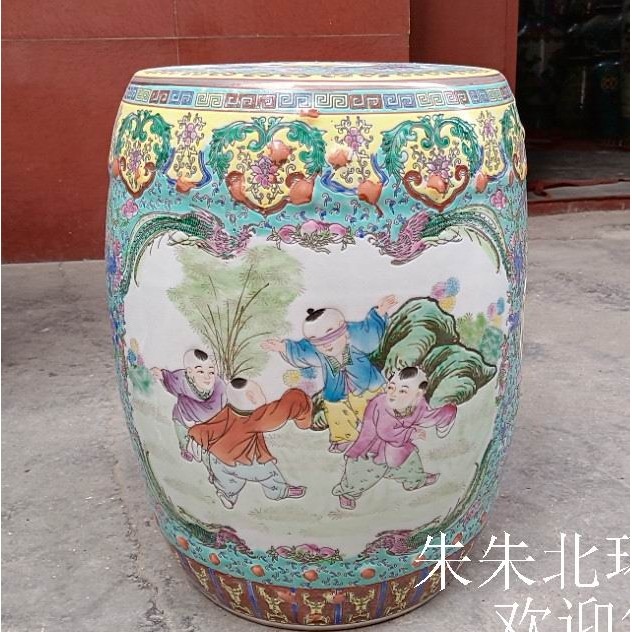 古典中式换鞋凳手绘粉彩童子陶瓷鼓凳仿古凳子装饰鼓墩绣墩梳妆凳