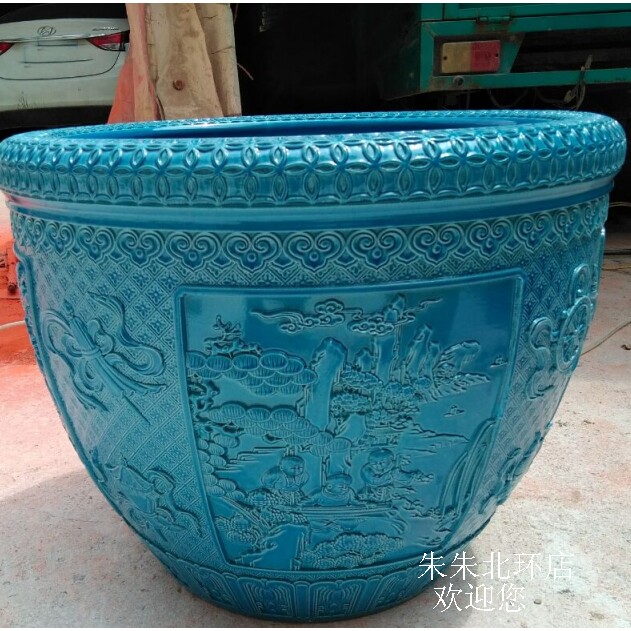 景德镇陶瓷碗莲缸颜色釉蓝色卷轴书画缸装饰大号金鱼缸锦鲤荷花缸