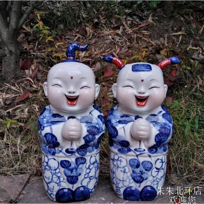 景德镇青花陶瓷娃娃家居客厅装饰新婚礼品恭喜发财招财童子摆件设