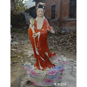 景德镇陶瓷红衣净瓶观音菩萨佛像佛摆件供奉家用站祥云观世音菩萨