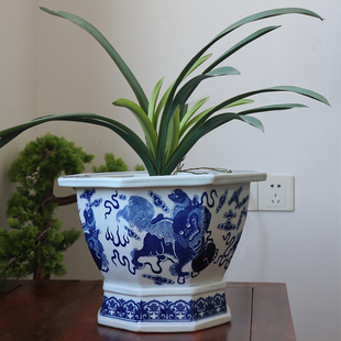 景德镇陶瓷花盆青花瓷古树盆发财树种花瓷器兰花八方来财火狮子